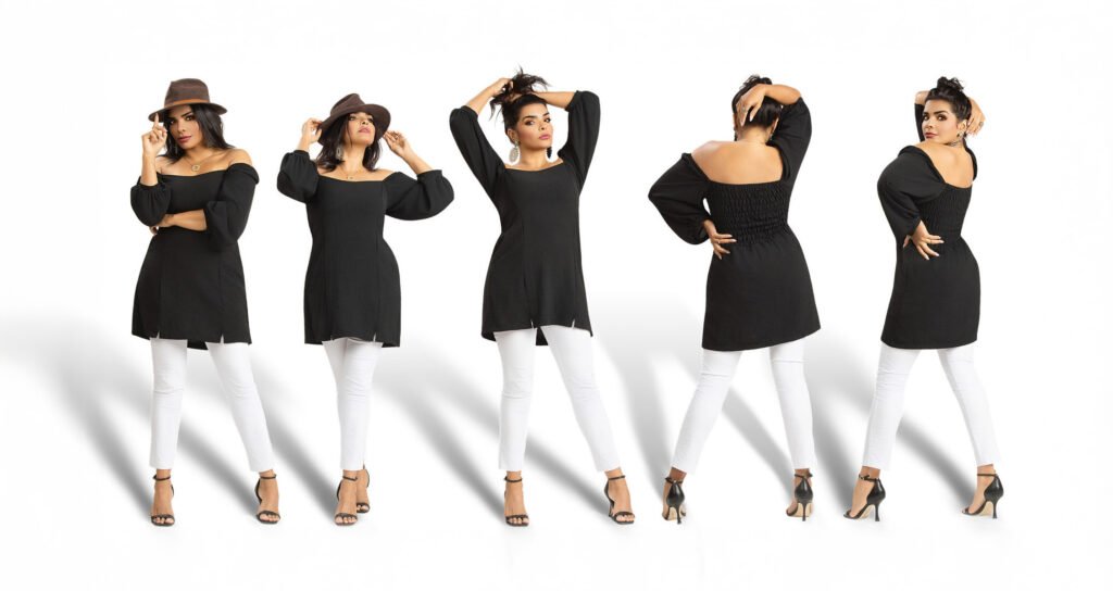 Fashion sequence of a woman in a black top and white trousers