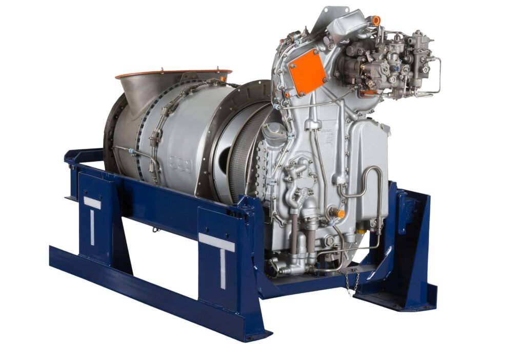 Three-quarter view of an engine on a blue support stand