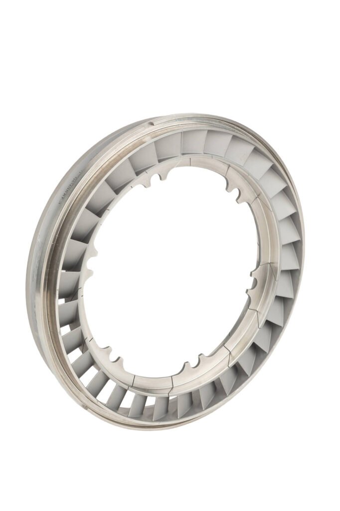 Narrow silver ring with evenly spaced internal blades