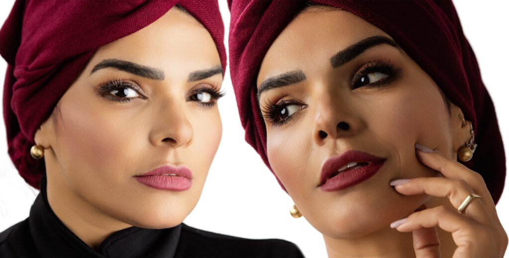 Close-up beauty portrait of a woman wearing a burgundy headwrap, captured in studio by Dave Cruz Photography.